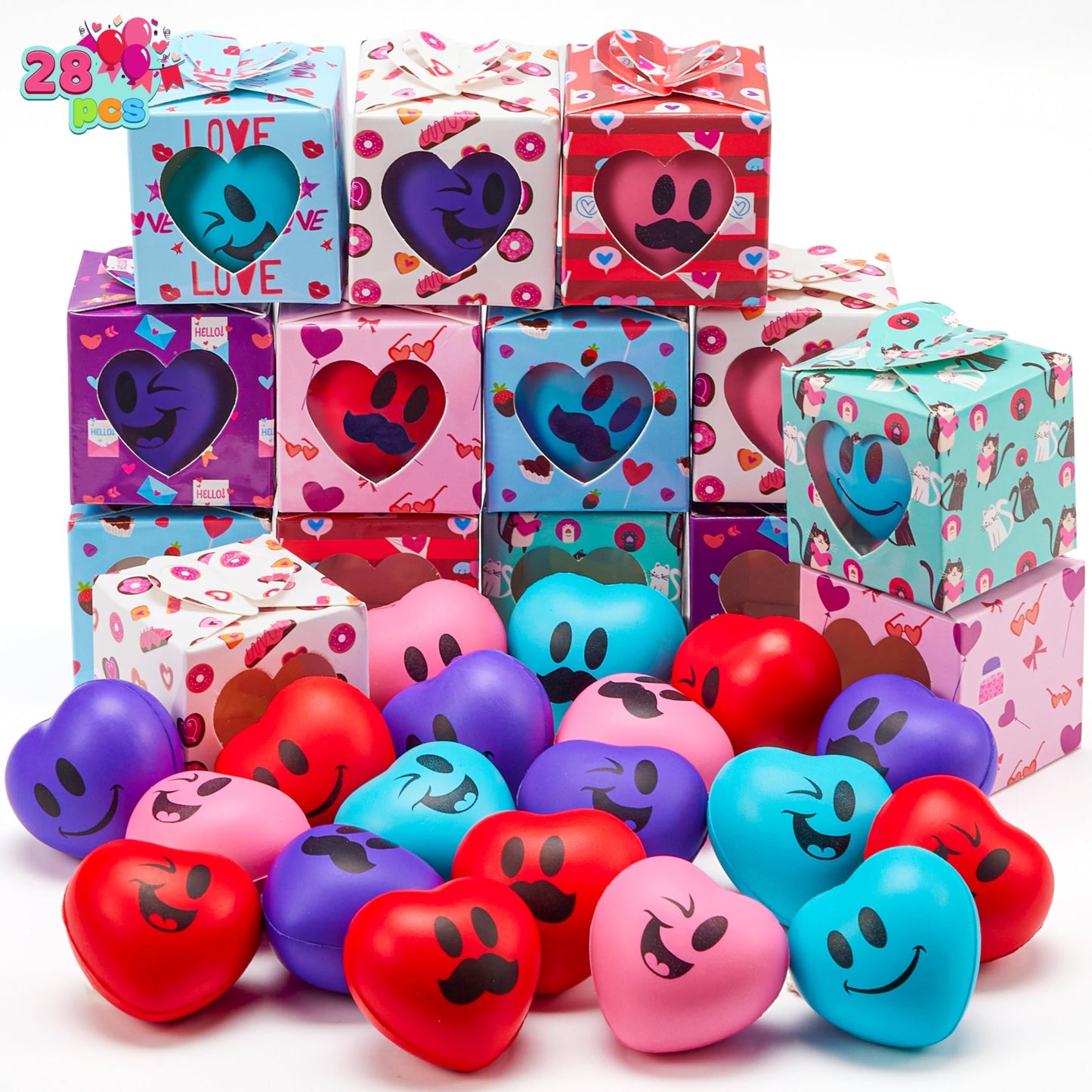 JOYIN 28 Pcs Valentine Heart Stress Balls with Gift Boxes – Classroom Rewards & Party Favors