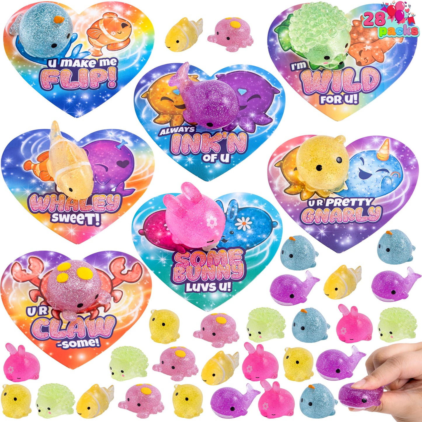 JOYIN 28-Pack Valentine Gift Cards with Glitter Mochi Squishy Toys — Sea Animals