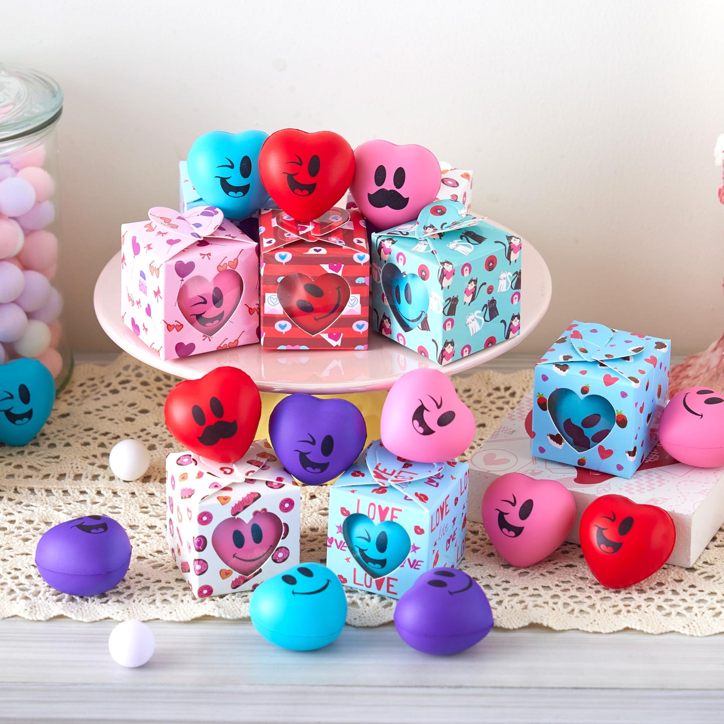 JOYIN 28 Pcs Valentine Heart Stress Balls with Gift Boxes – Classroom Rewards & Party Favors