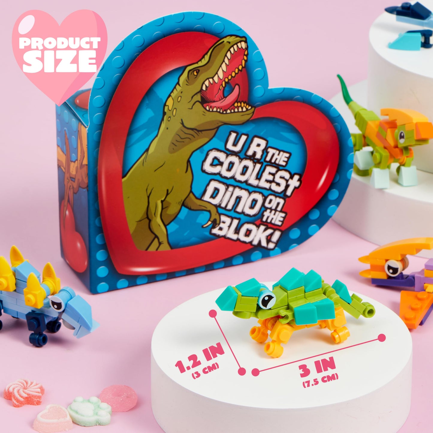 JOYIN 12 Packs Valentines Dinosaur Building Blocks with Heart Boxes – Party Favors & Classroom Gifts