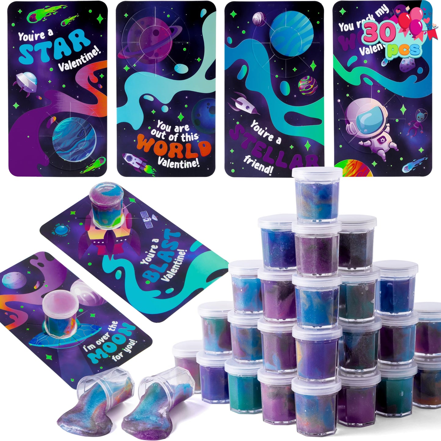 JOYIN 30 Pcs Valentine Gift Cards with Galaxy Slime – Kids' Fidget Toys & Classroom Prizes