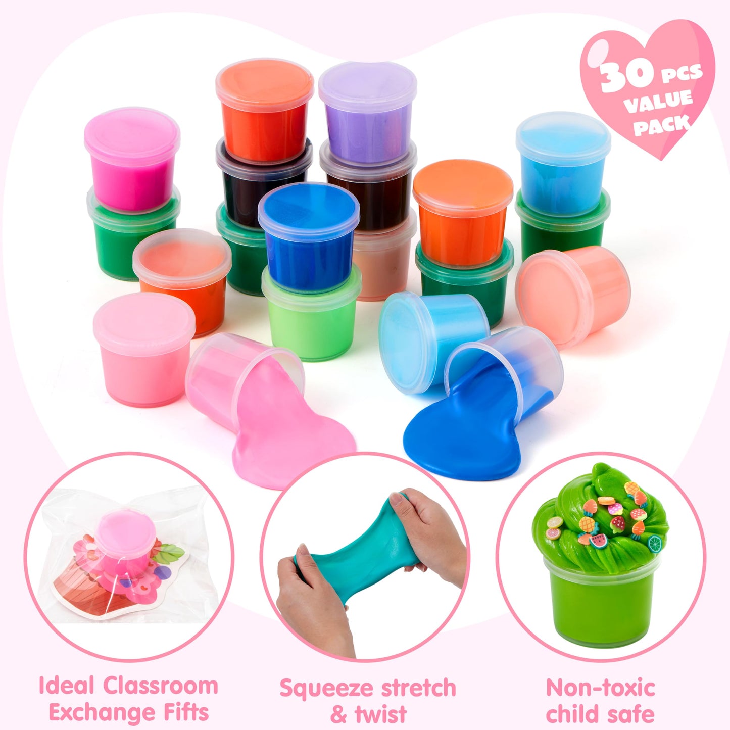 JOYIN 30 Pcs Valentines Day Butter Slime Set with Rubber Slices & Dessert Cards | Soft, Non-Sticky Stress Relief Slime