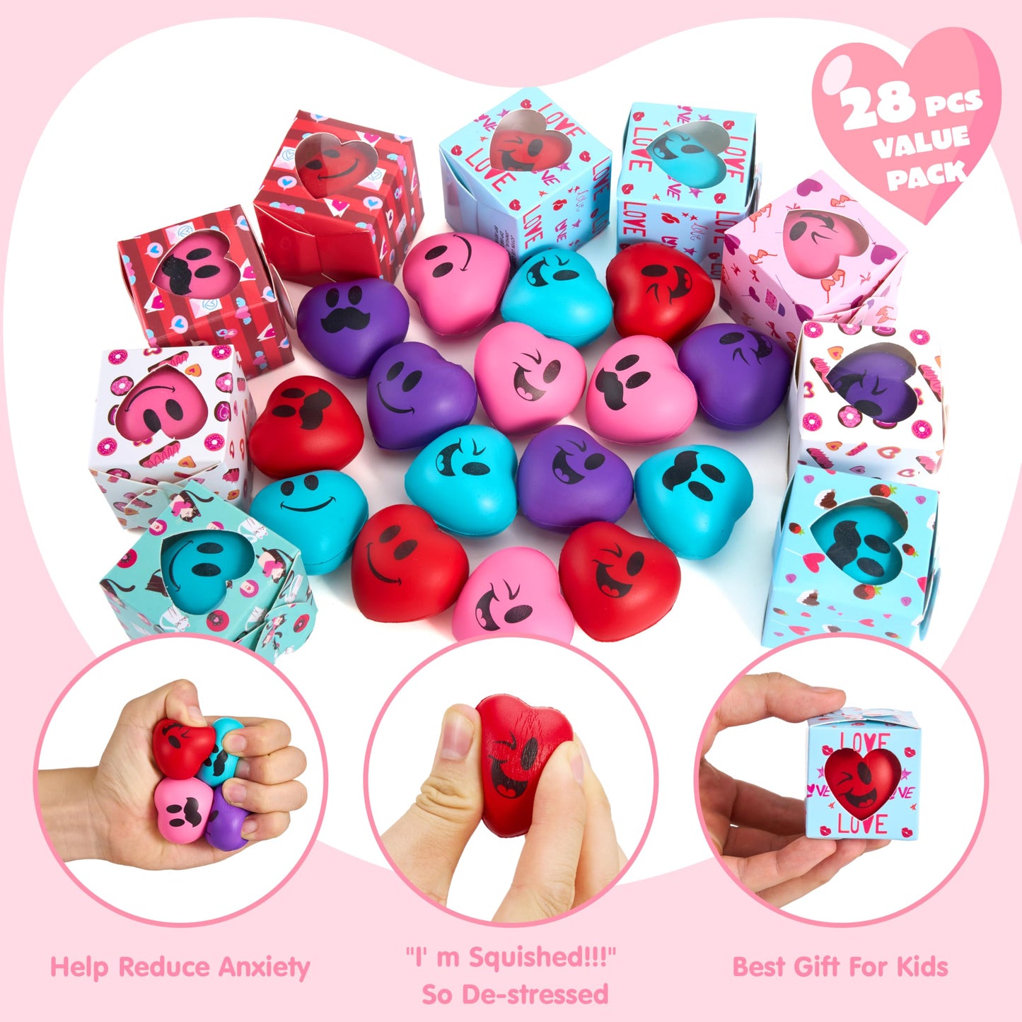 JOYIN 28 Pcs Valentine Heart Stress Balls with Gift Boxes – Classroom Rewards & Party Favors