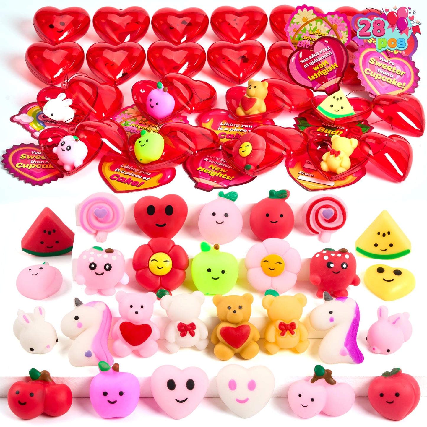 JOYIN 28-Pack Valentine's Day Gift Cards with Mochi Squishy Toys & Heart Shells