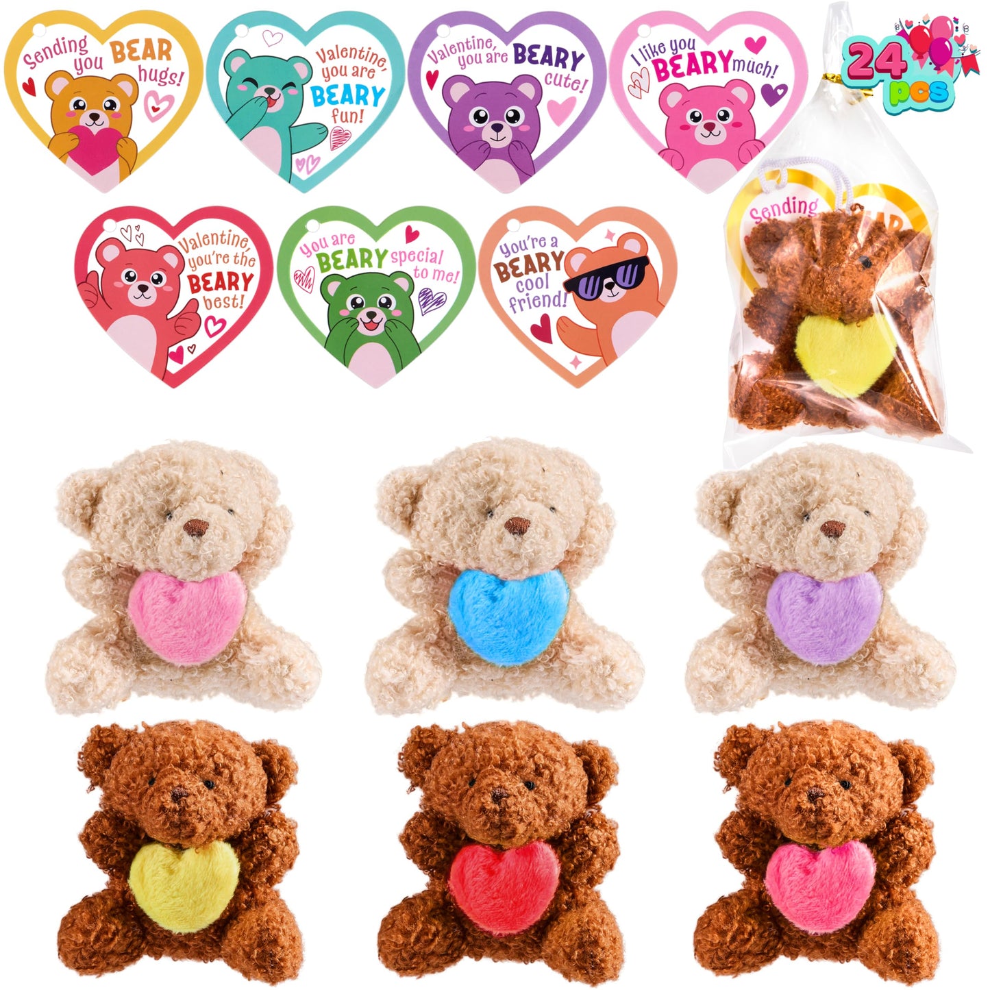 JOYIN 24 Pcs Valentine Bears with Hearts & Cards – Plush Toys for Kids