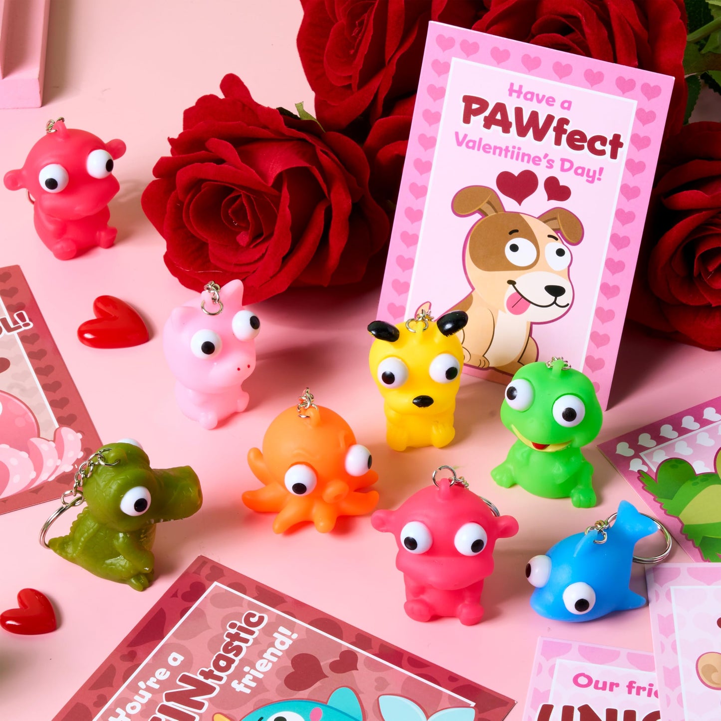 JOYIN 28 Pink Valentines Cards with Animal Popping Eyes Keychains – Gifts & Favors