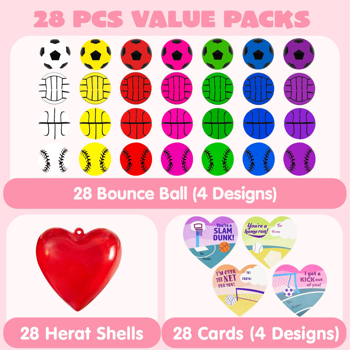 JOYIN 28-Pack Kids Valentine Sports Bouncy Balls with Heart Cases & Valentine Cards