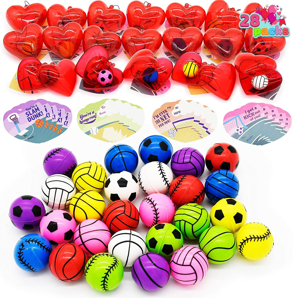JOYIN 28-Pack Kids Valentine Sports Bouncy Balls with Heart Cases & Valentine Cards