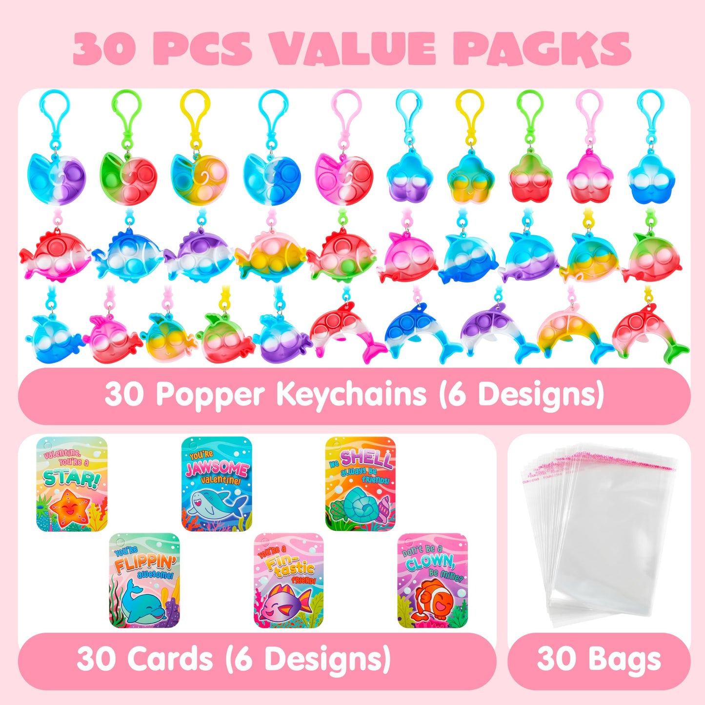 JOYIN 30-Pack Valentine Cards with Sea Animal Bubble Pop Keychains | Classroom Favors