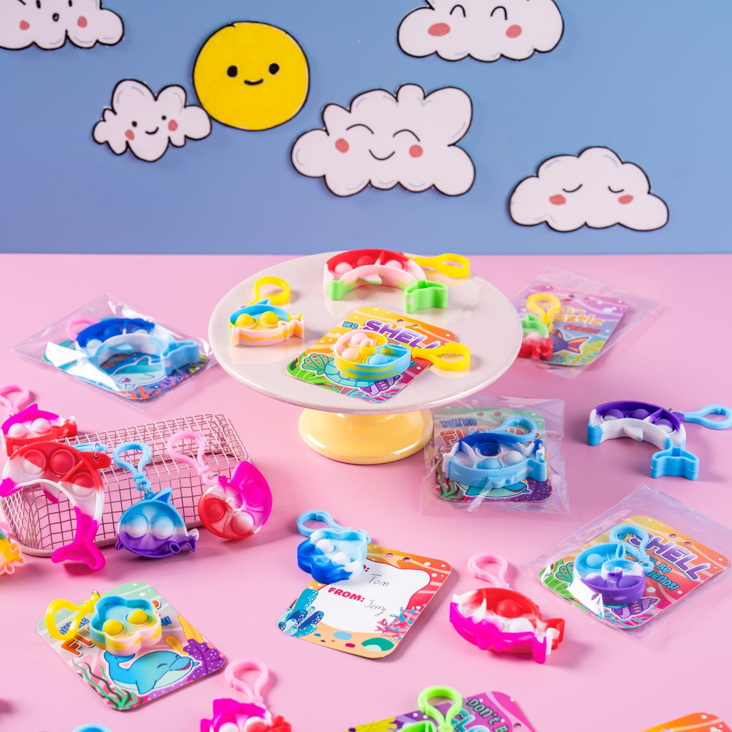 JOYIN 30-Pack Valentine Cards with Sea Animal Bubble Pop Keychains | Classroom Favors