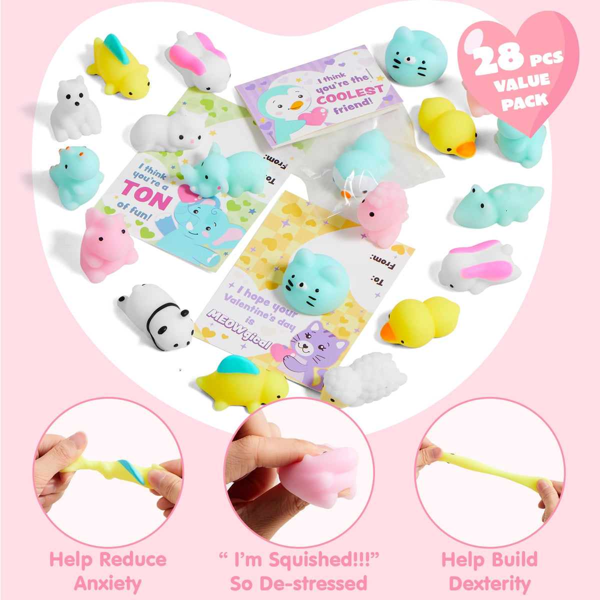 JOYIN 28-Pack Valentine’s Day Gift Cards with Mochi Squishy Toys – 14 Mochi Designs, 7 Card Styles
