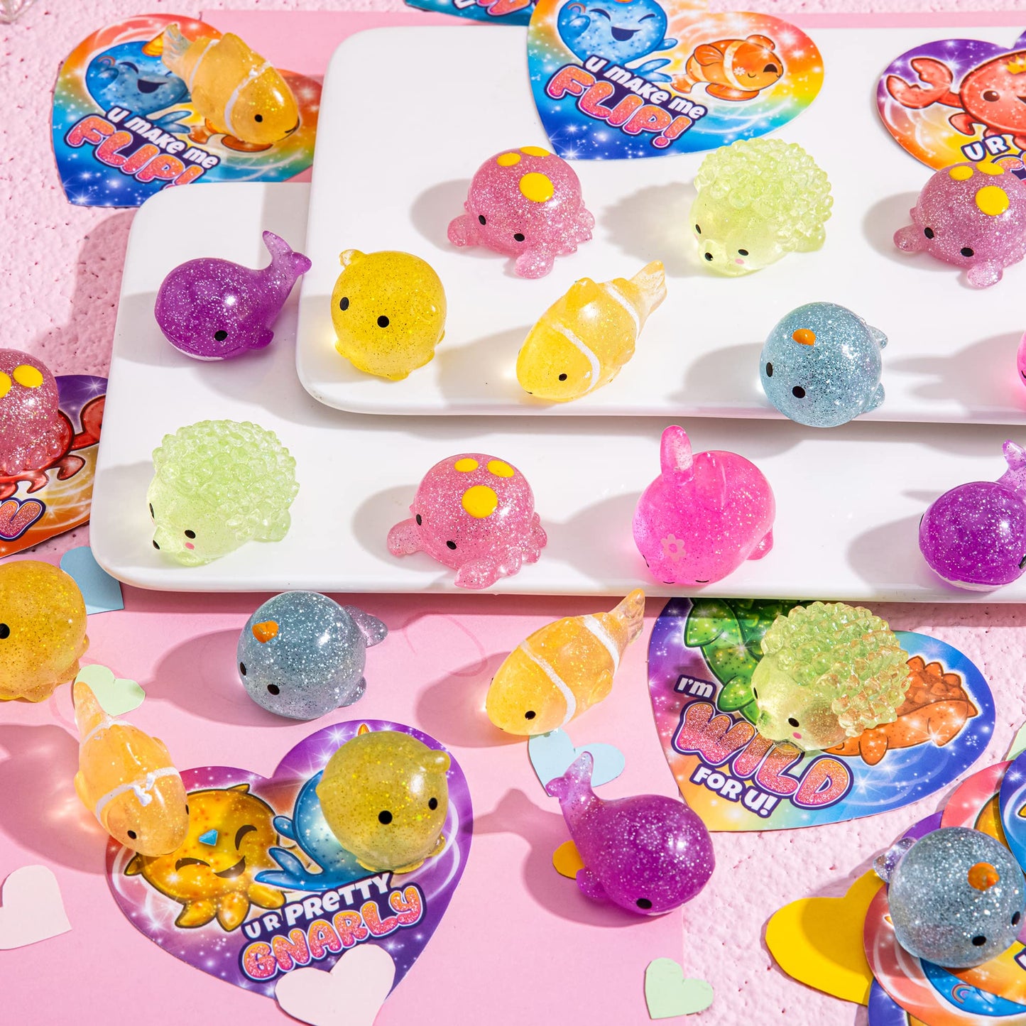 JOYIN 28-Pack Valentine Gift Cards with Glitter Mochi Squishy Toys — Sea Animals