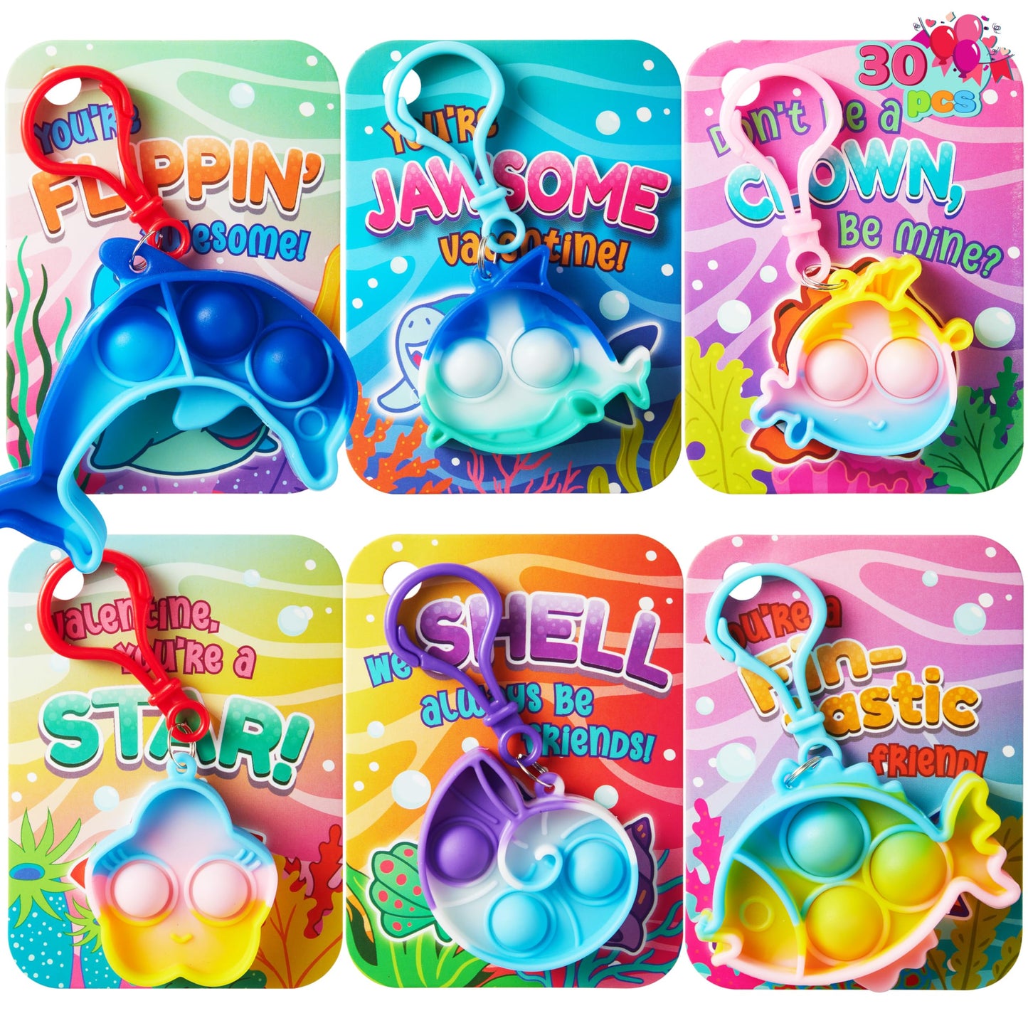 JOYIN 30-Pack Valentine Cards with Sea Animal Bubble Pop Keychains | Classroom Favors