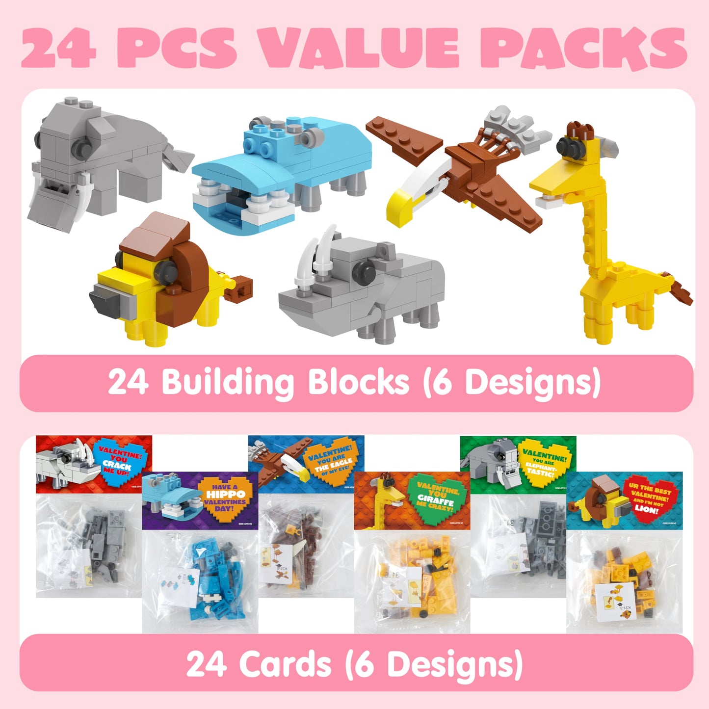 JOYIN 24 Safari Animal Valentine Cards with Building Blocks – Party Favors & Classroom Prizes