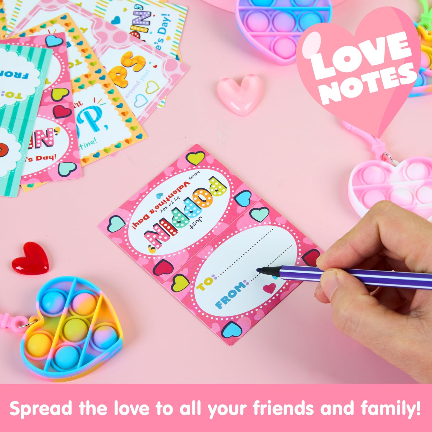 JOYIN 30 Pack Valentines Gift Cards with Pop Fidget Keychains | Stress-Relief Toys & Classroom Prizes