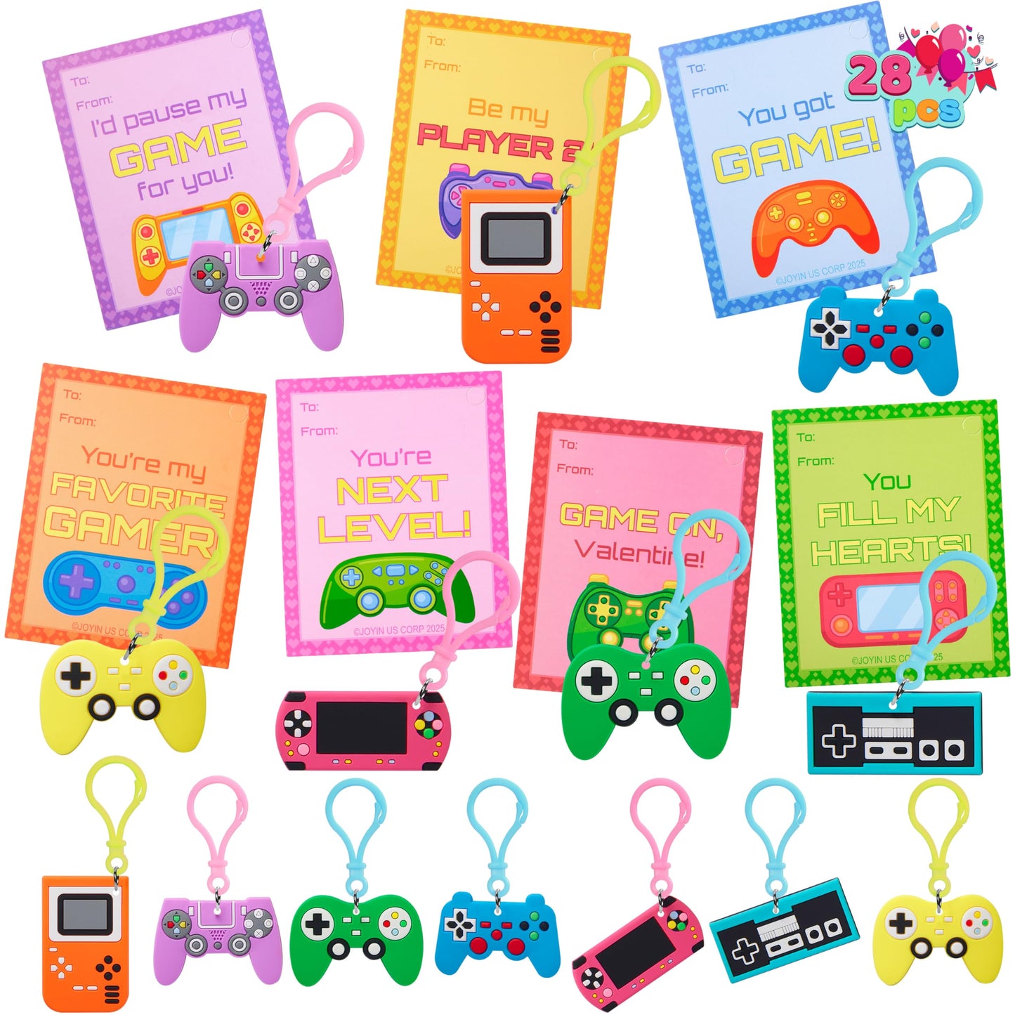JOYIN 28 Pcs Valentines Day Gift Cards with Video Game Keychains