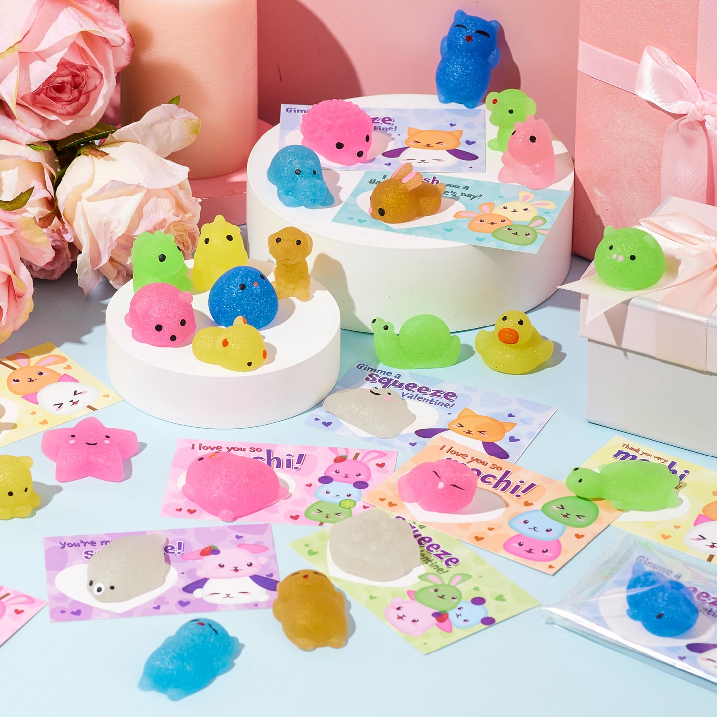 JOYIN 28-Pack Valentines Day Gifts for Kids | Cute Mochi Squishy Toys & Valentines Cards for Classrooms