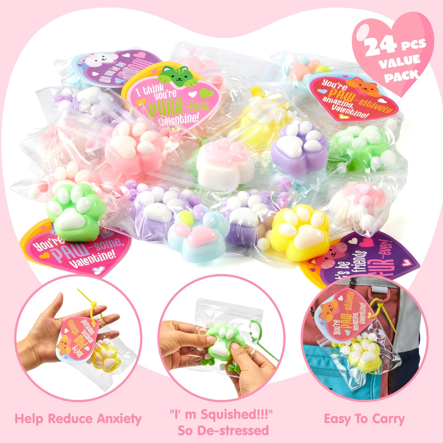 JOYIN 24-Pack Valentine's Cat Paw Fidget Toys with Cards & Keychains — 6 Colors