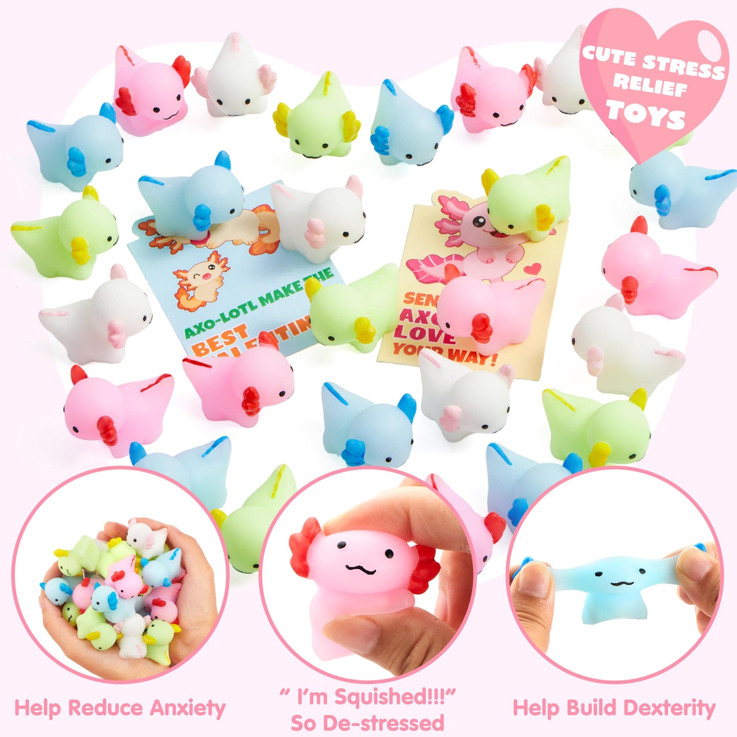 JOYIN 28 Packs Valentines Day Gifts for Kids — Axolotl Mochi Squishy Toys with Cards & Bags