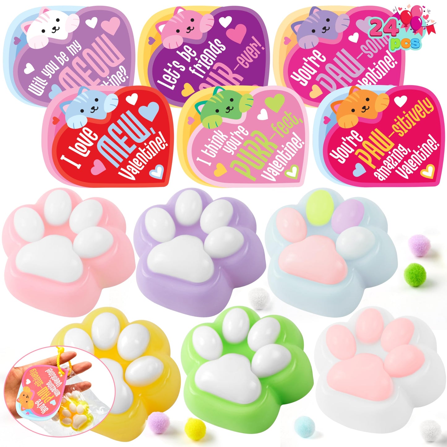 JOYIN 24-Pack Valentine's Cat Paw Fidget Toys with Cards & Keychains — 6 Colors