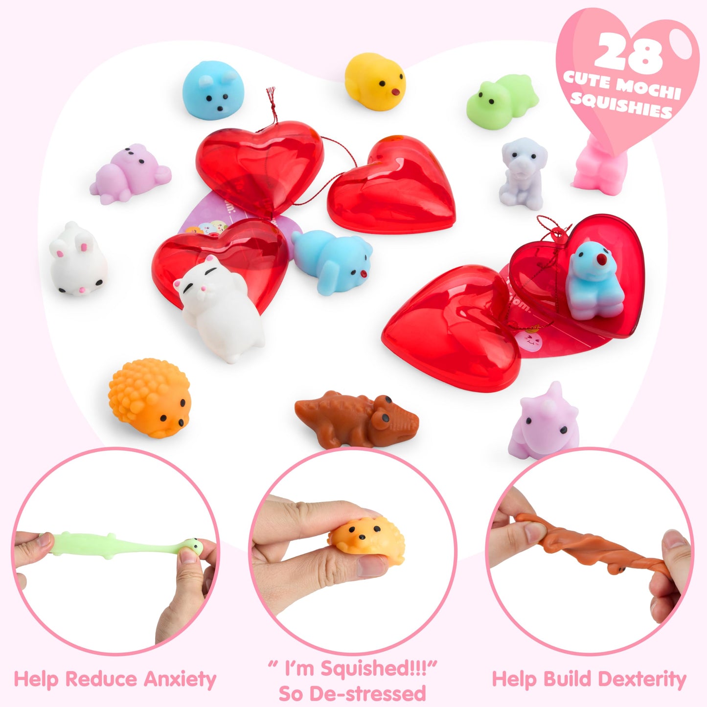 JOYIN 28-Piece Valentine Mochi Squishy Toys with Heart Shells & Cards