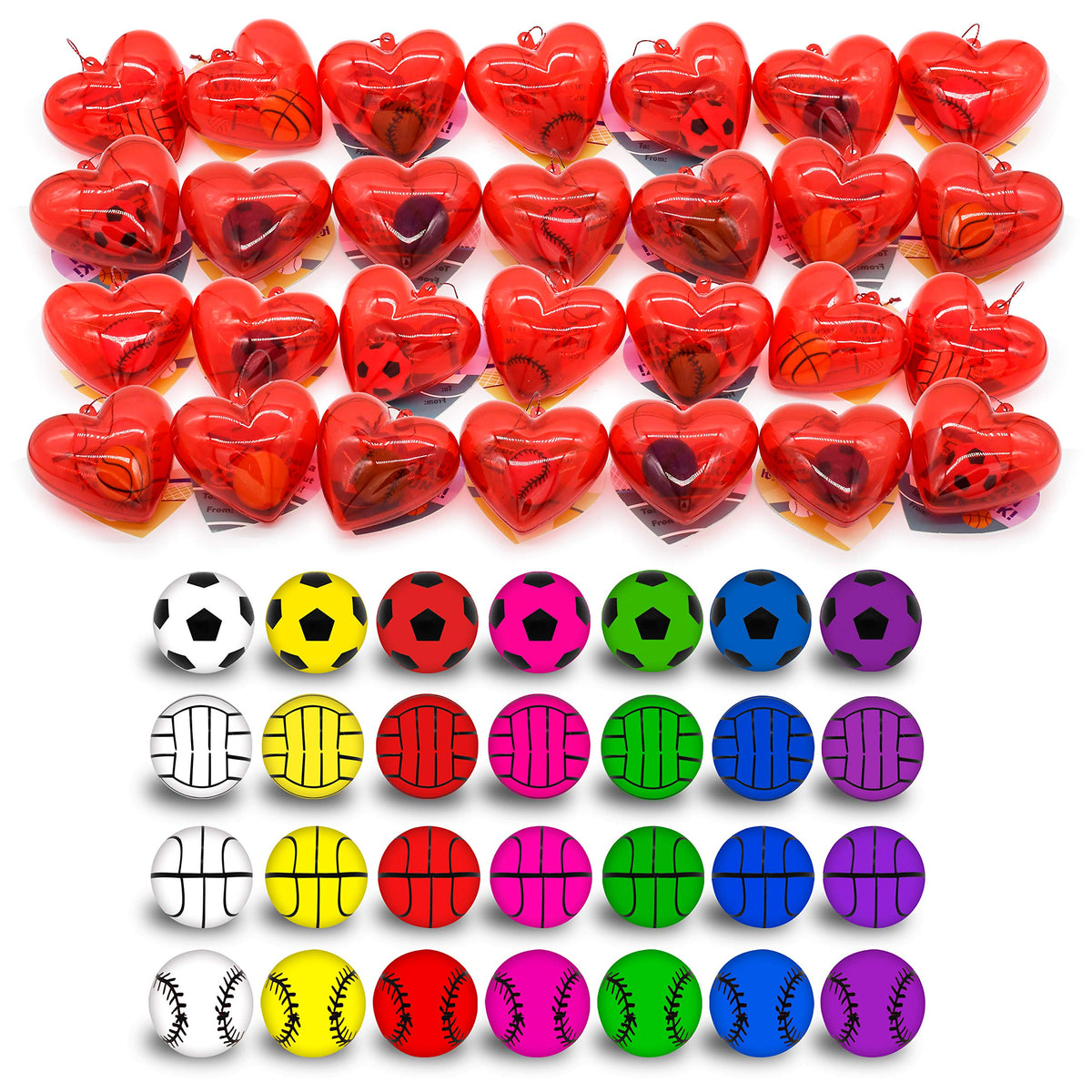 JOYIN 28-Pack Kids Valentine Sports Bouncy Balls with Heart Cases & Valentine Cards