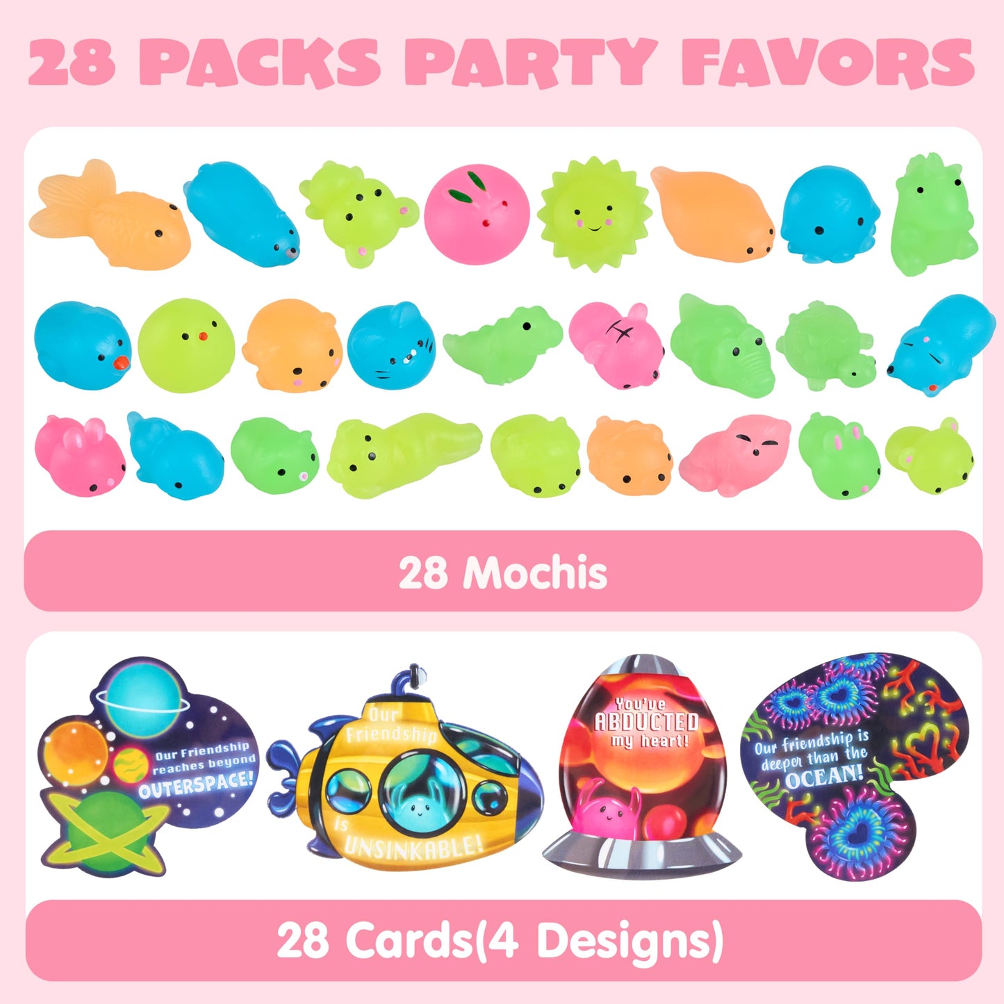 JOYIN 28-Pack Valentines Day Gift Cards with Glow-in-the-Dark Mochi Squishy Toys – Fidget Toys for Kids, Classroom Prizes & Party Favors