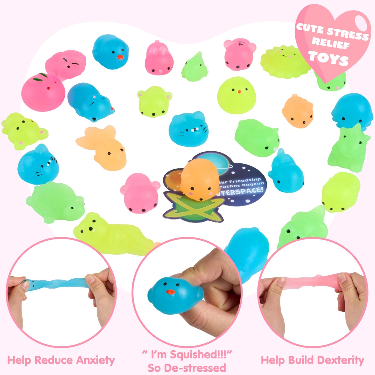 JOYIN 28-Pack Valentines Day Gift Cards with Glow-in-the-Dark Mochi Squishy Toys – Fidget Toys for Kids, Classroom Prizes & Party Favors