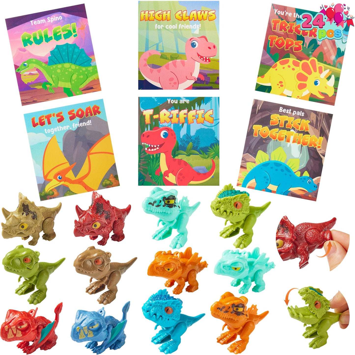 JOYIN 24 Pcs Valentine's Day Cards with Movable Dinosaur Toys – 12 Designs, Classroom Favors