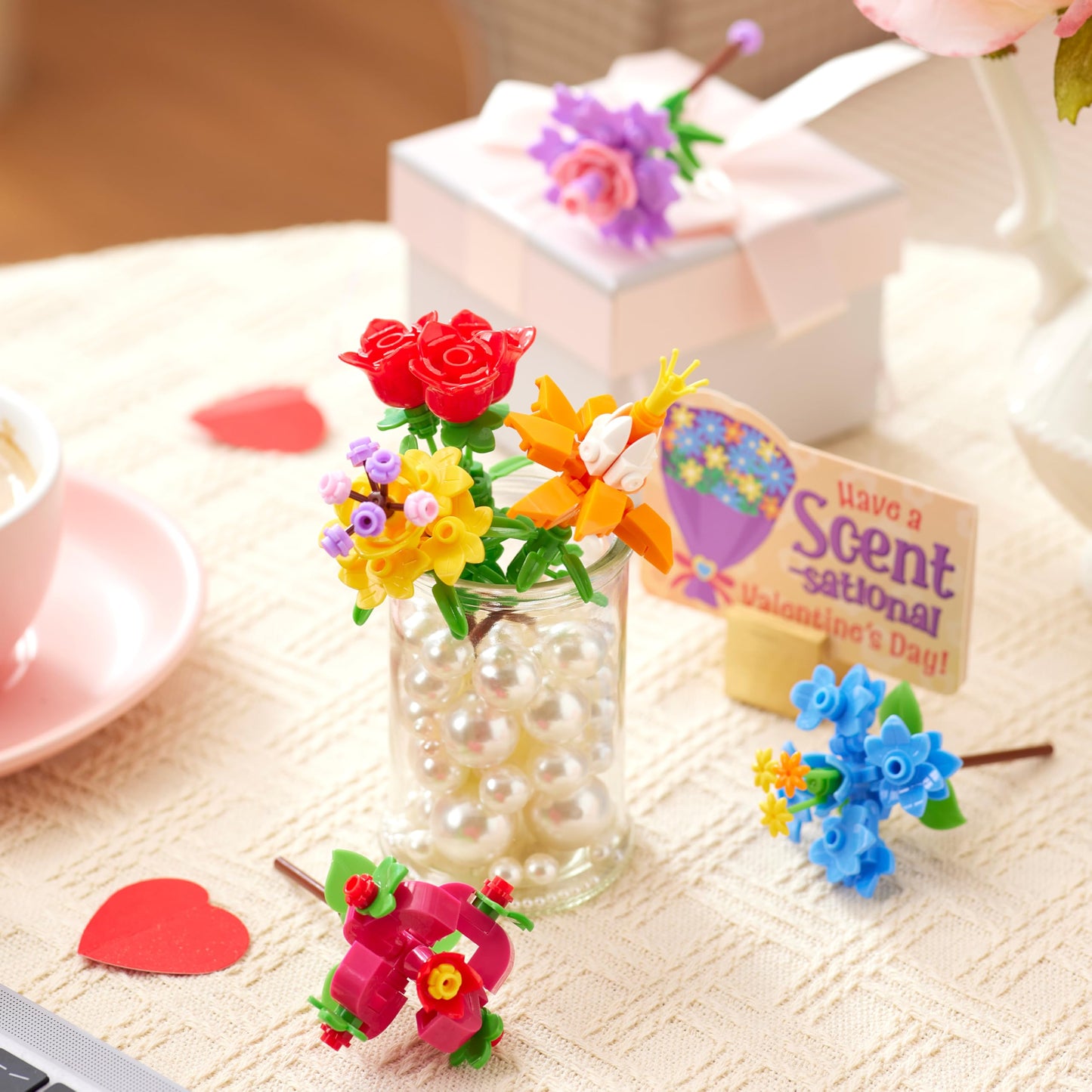 JOYIN 24 Pcs Valentine’s Day Flower Bouquet Building Blocks with Cards – 6 Designs & 24 Tags