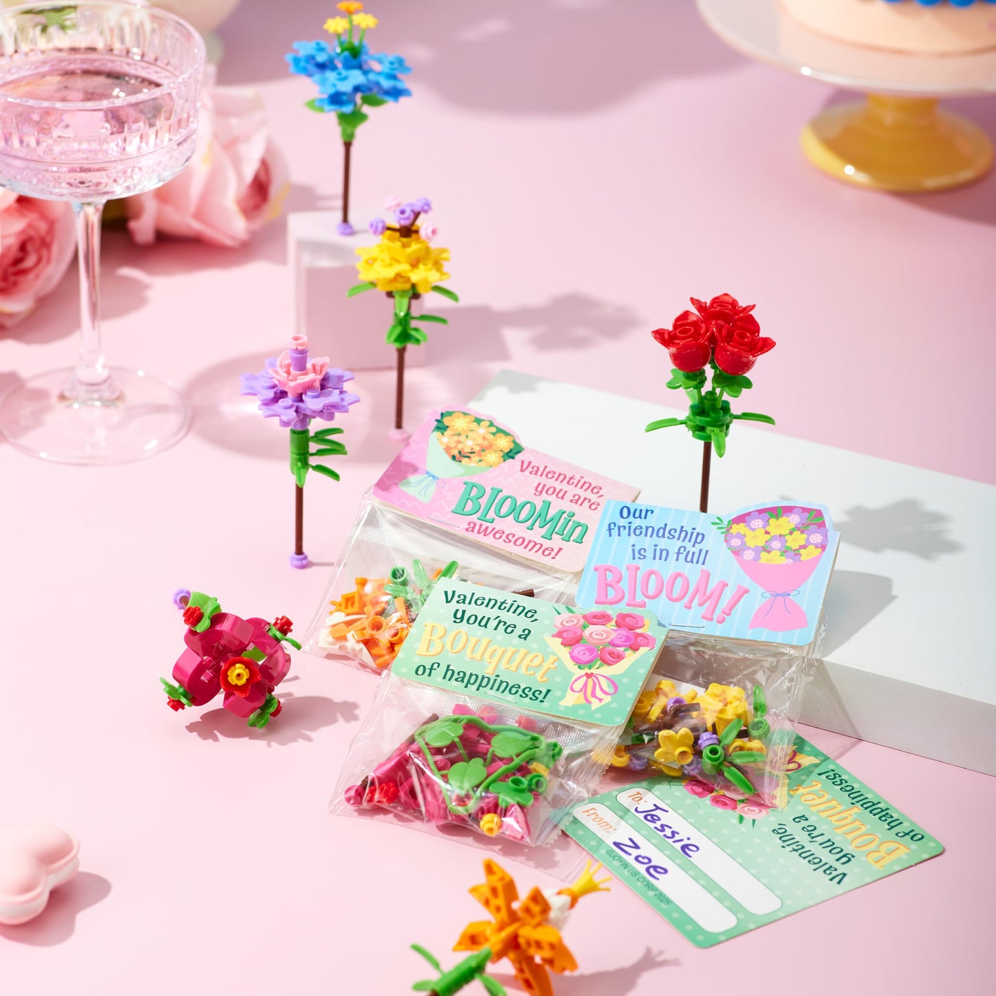 JOYIN 24 Pcs Valentine’s Day Flower Bouquet Building Blocks with Cards – 6 Designs & 24 Tags