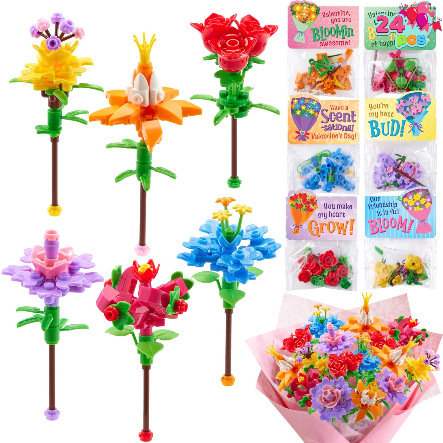 JOYIN 24 Pcs Valentine’s Day Flower Bouquet Building Blocks with Cards – 6 Designs & 24 Tags