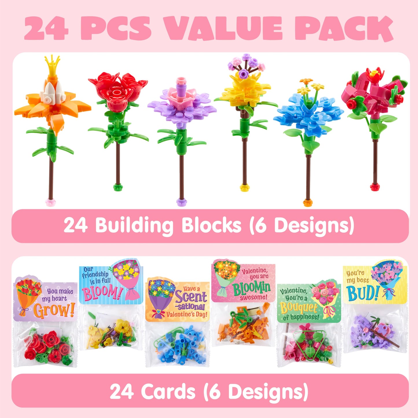 JOYIN 24 Pcs Valentine’s Day Flower Bouquet Building Blocks with Cards – 6 Designs & 24 Tags