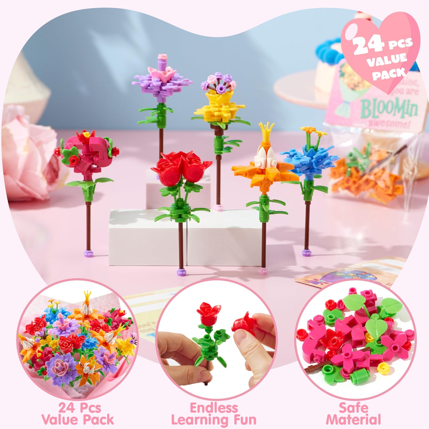 JOYIN 24 Pcs Valentine’s Day Flower Bouquet Building Blocks with Cards – 6 Designs & 24 Tags
