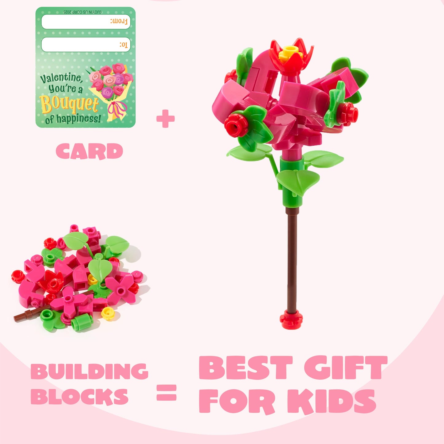 JOYIN 24 Pcs Valentine’s Day Flower Bouquet Building Blocks with Cards – 6 Designs & 24 Tags