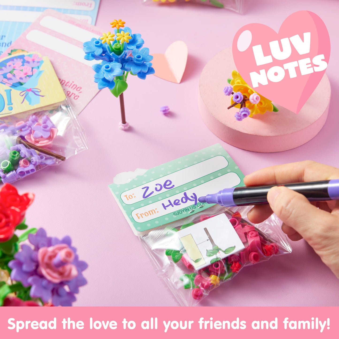 JOYIN 24 Pcs Valentine’s Day Flower Bouquet Building Blocks with Cards – 6 Designs & 24 Tags