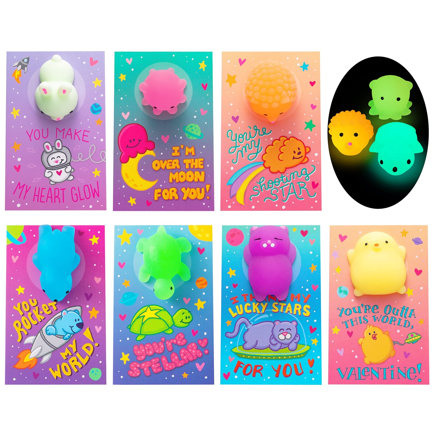 JOYIN 28-Pack Valentines Gift Cards with Glow-in-The-Dark Kawaii Mochi Squishy Toys