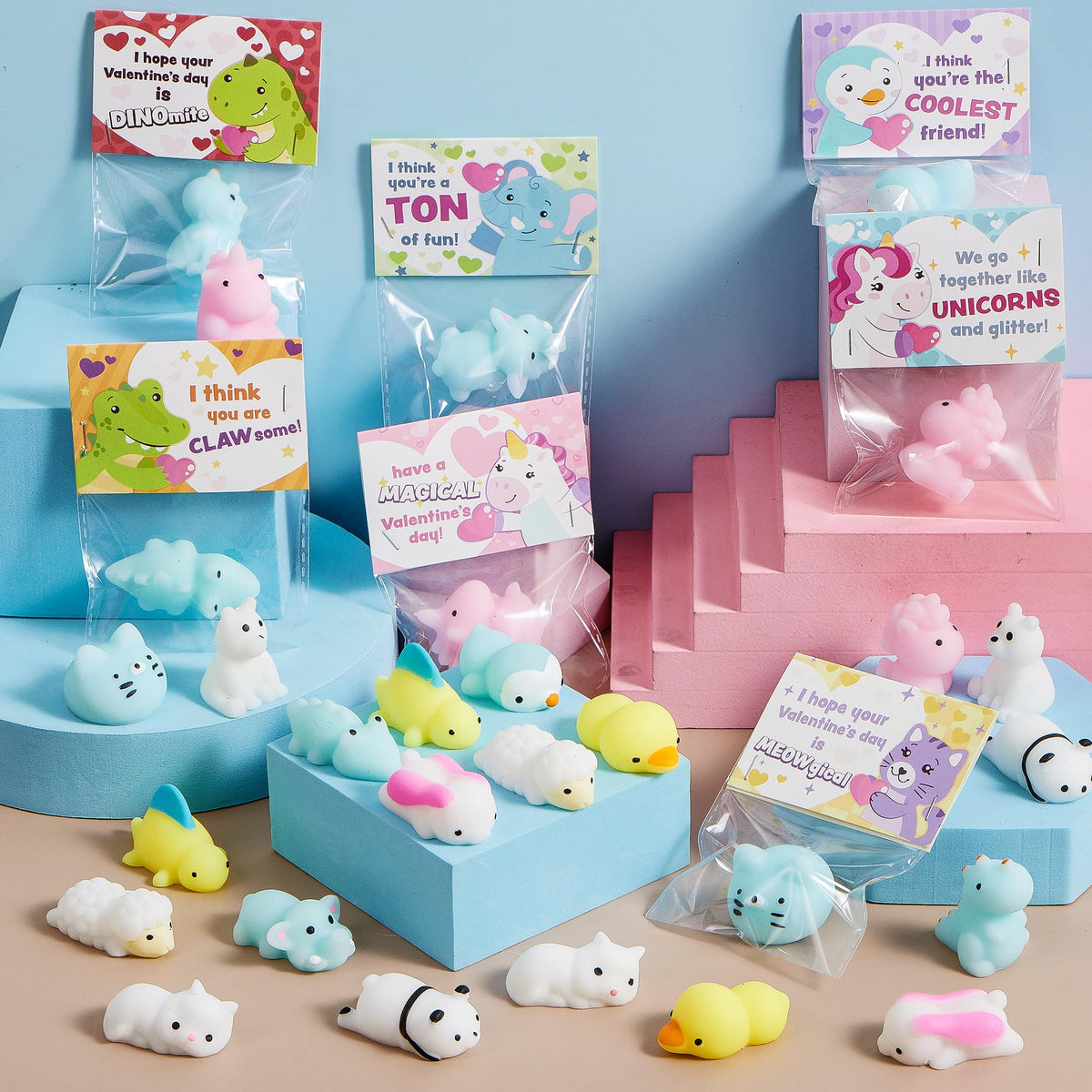 JOYIN 28-Pack Valentine’s Day Gift Cards with Mochi Squishy Toys – 14 Mochi Designs, 7 Card Styles
