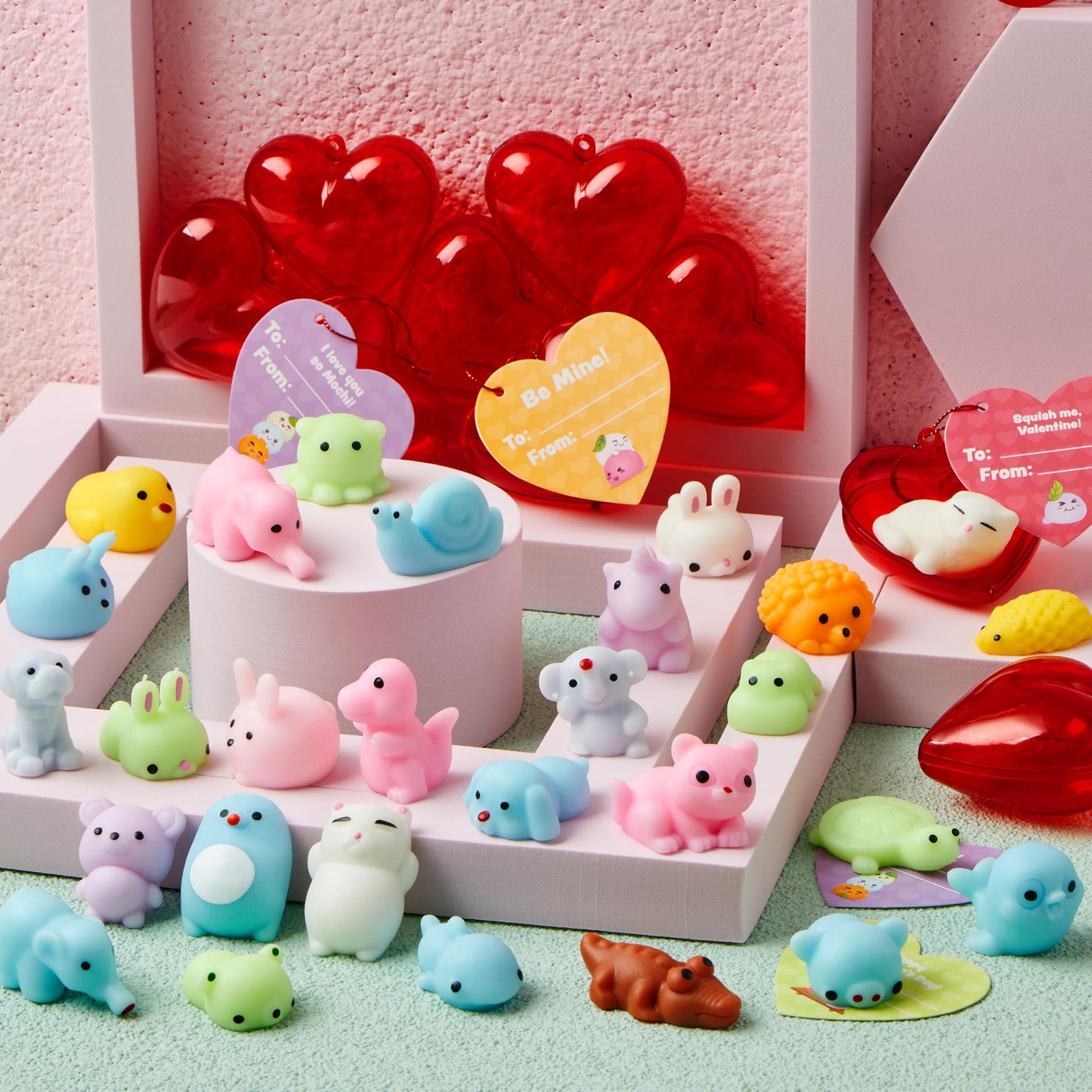 JOYIN 28-Piece Valentine Mochi Squishy Toys with Heart Shells & Cards