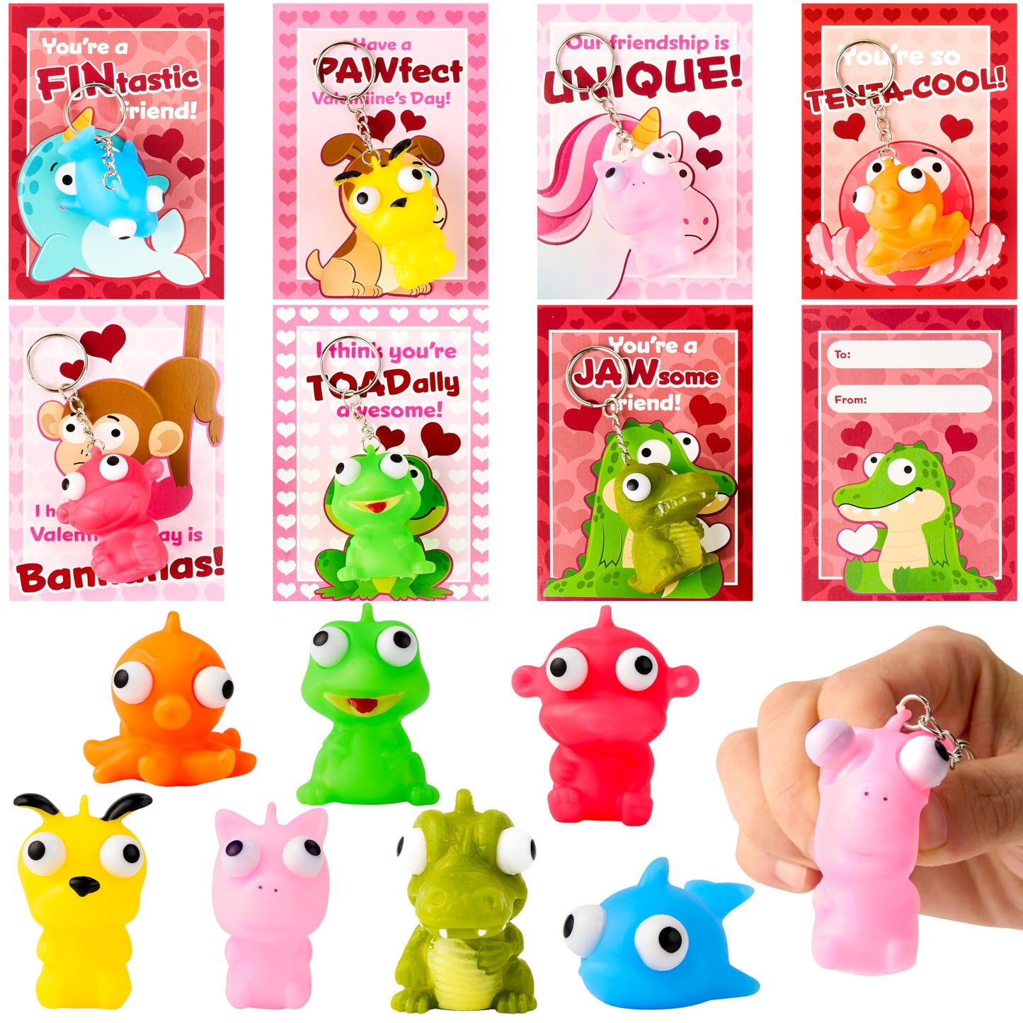 JOYIN 28 Pink Valentines Cards with Animal Popping Eyes Keychains – Gifts & Favors