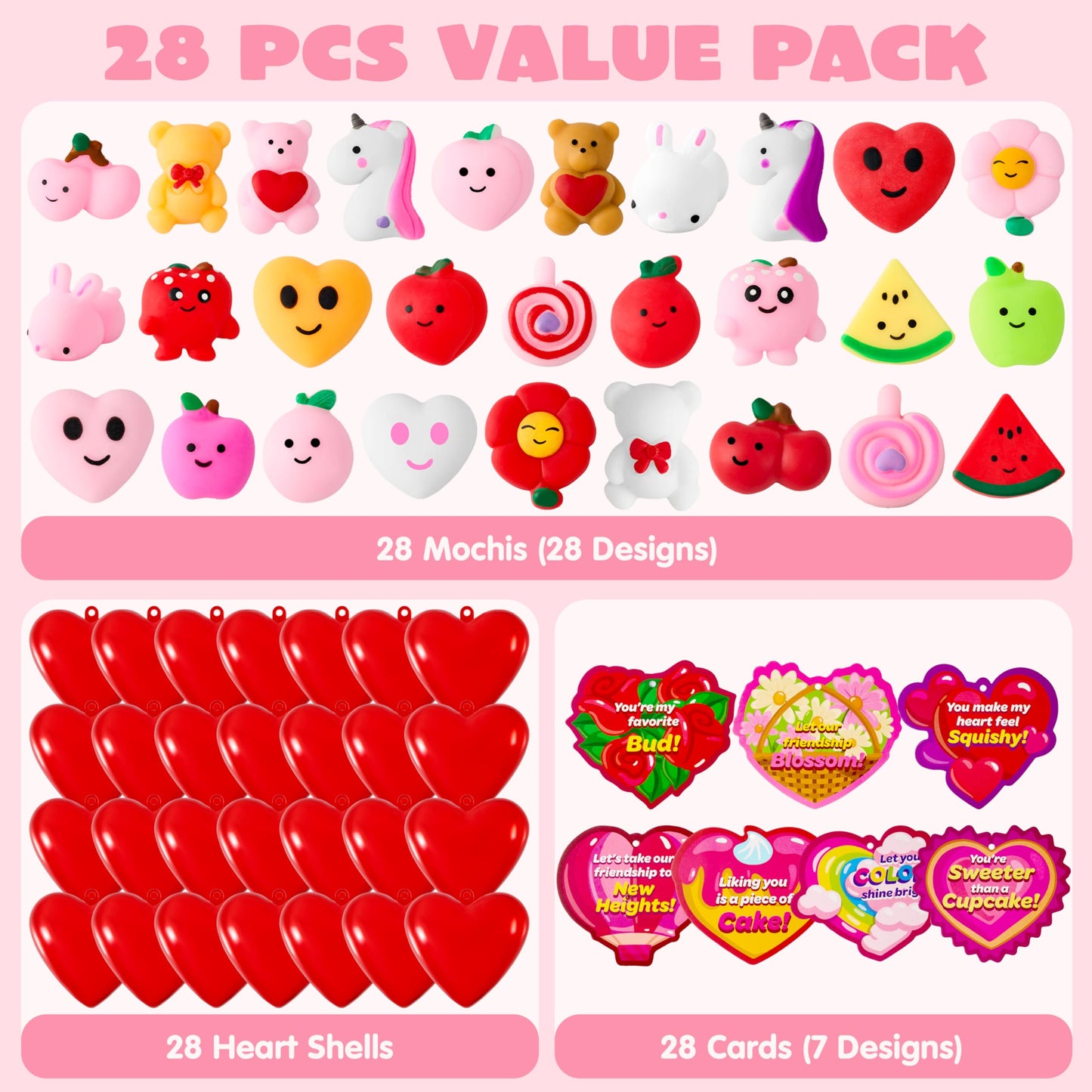 JOYIN 28-Pack Valentine's Day Gift Cards with Mochi Squishy Toys & Heart Shells