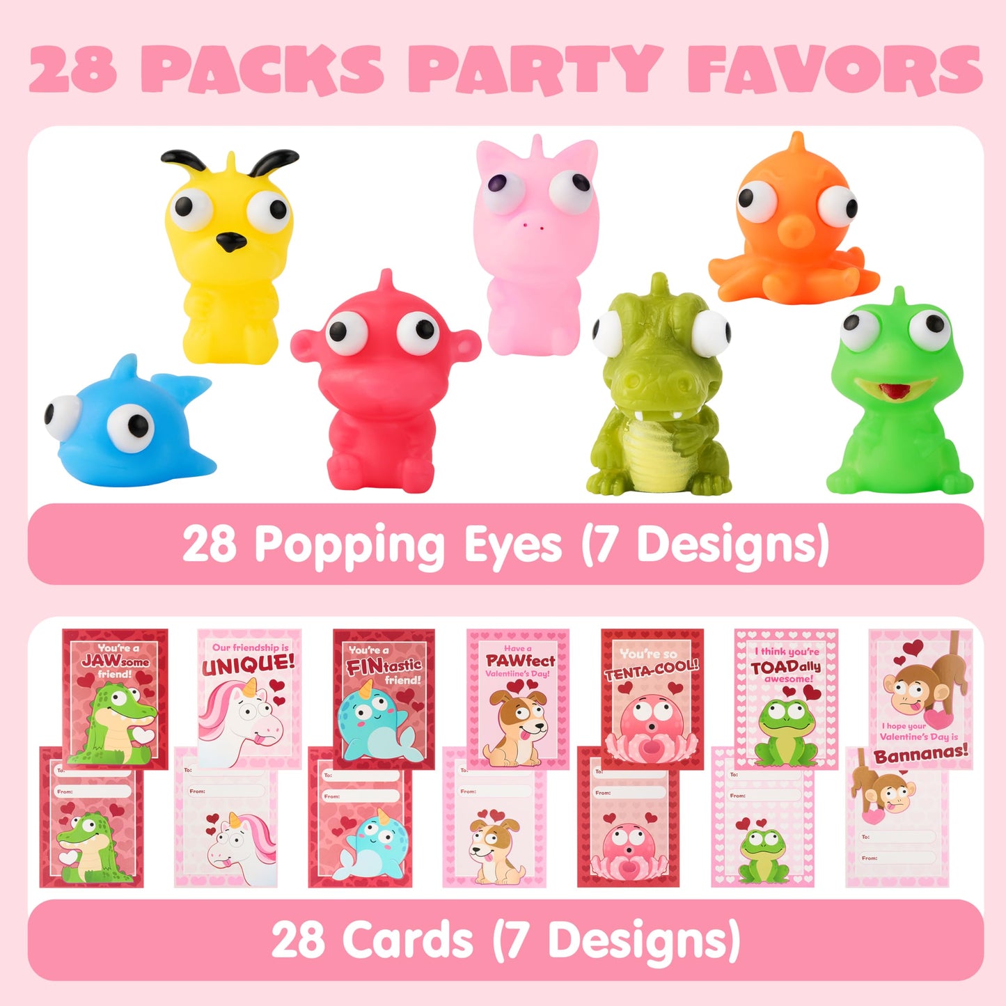 JOYIN 28 Pink Valentines Cards with Animal Popping Eyes Keychains – Gifts & Favors