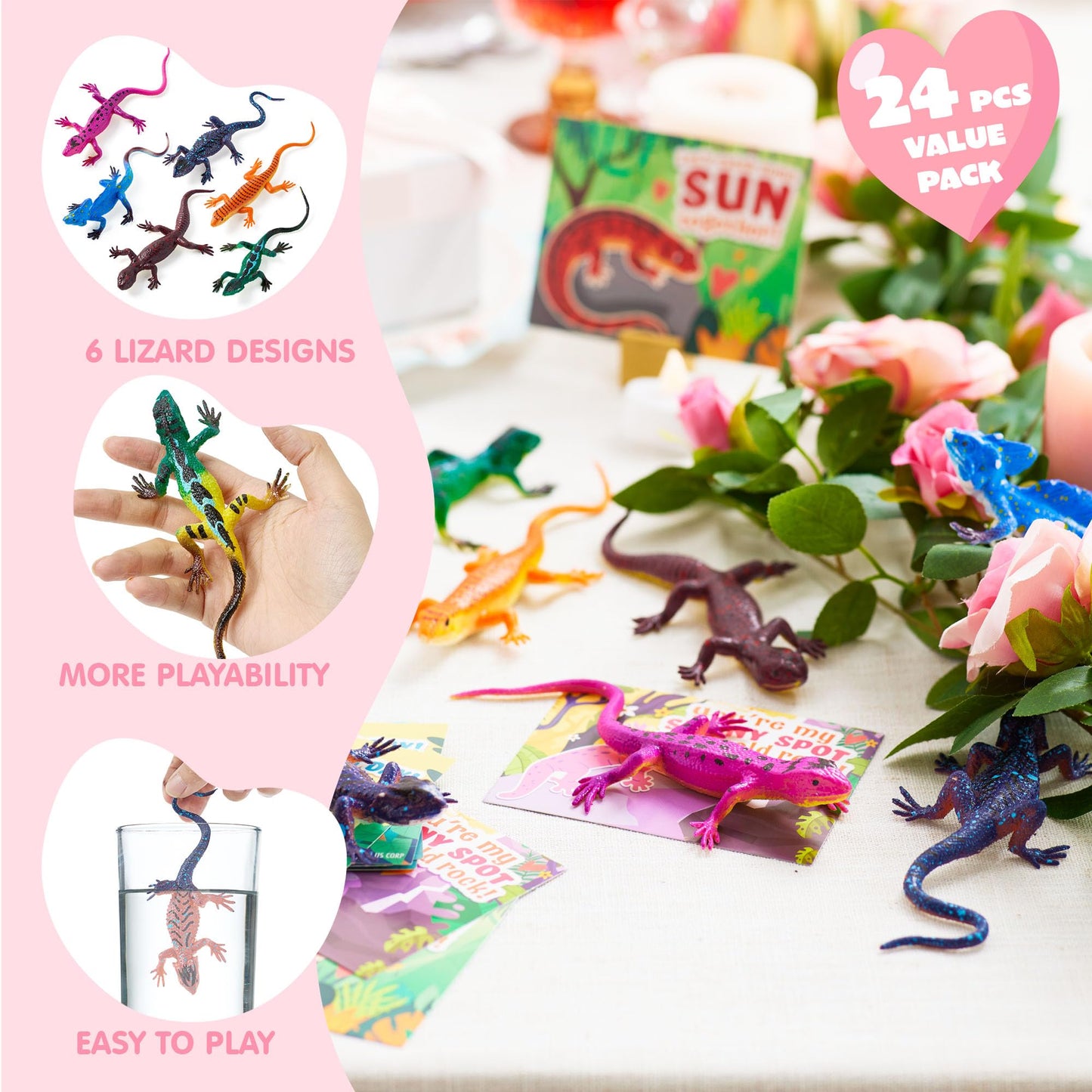 JOYIN 24 Pcs Valentine’s Day Gift Cards with Color-Changing Lizard Toys – Classroom Party Favors