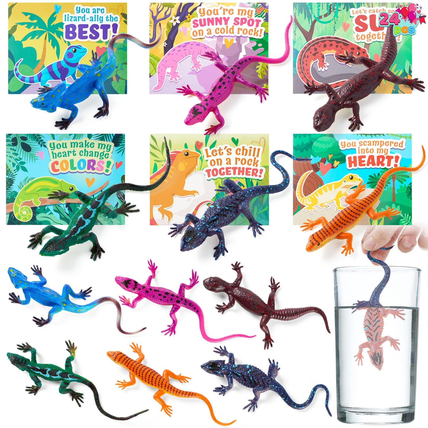 JOYIN 24 Pcs Valentine’s Day Gift Cards with Color-Changing Lizard Toys – Classroom Party Favors