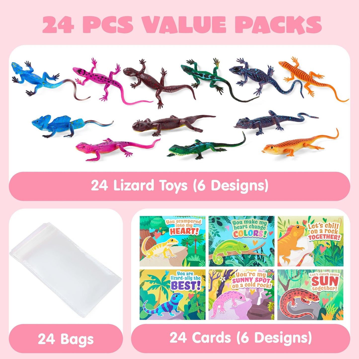 JOYIN 24 Pcs Valentine’s Day Gift Cards with Color-Changing Lizard Toys – Classroom Party Favors