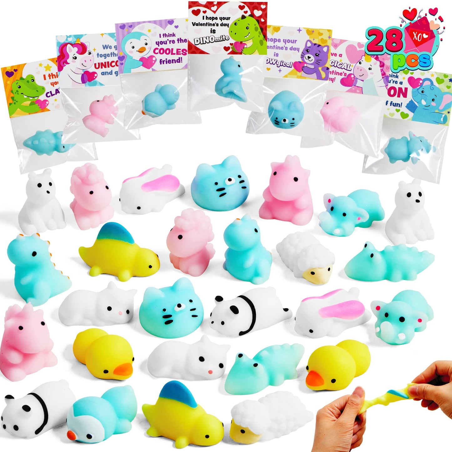 JOYIN 28-Pack Valentine’s Day Gift Cards with Mochi Squishy Toys – 14 Mochi Designs, 7 Card Styles