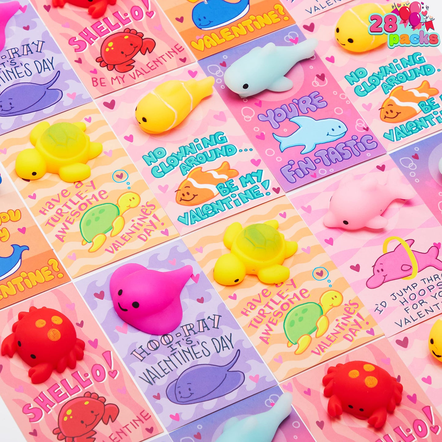 JOYIN 28Pcs Valentines Gift Cards with Mochi Squishy Toys | Kawaii Sea Animals