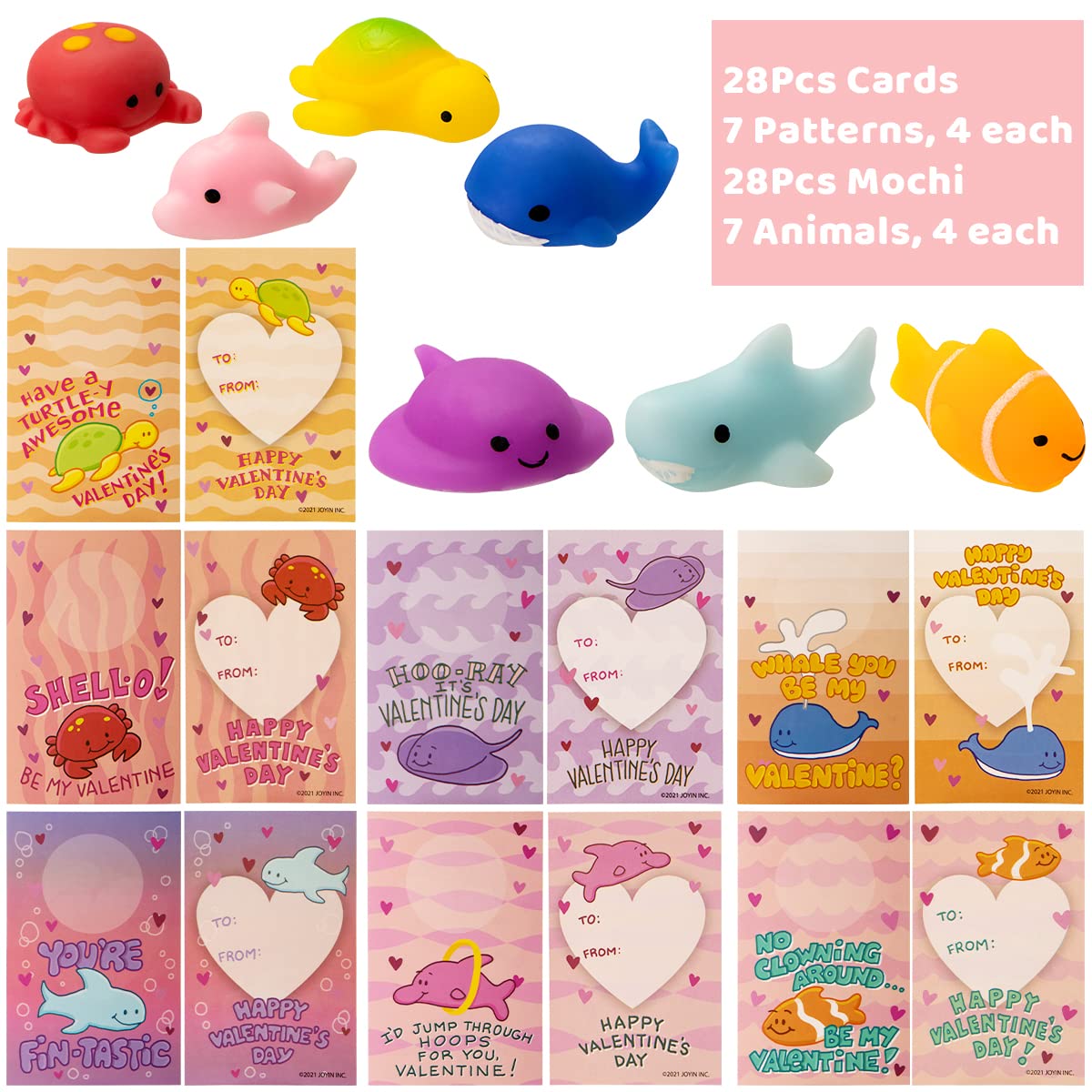 JOYIN 28Pcs Valentines Gift Cards with Mochi Squishy Toys | Kawaii Sea Animals