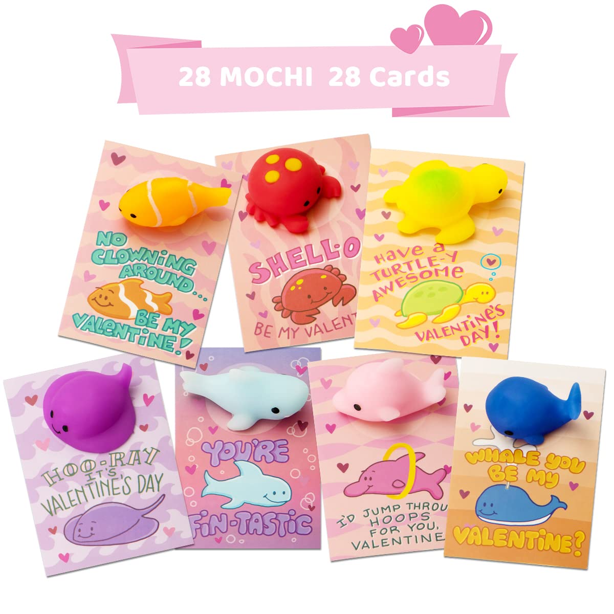 JOYIN 28Pcs Valentines Gift Cards with Mochi Squishy Toys | Kawaii Sea Animals