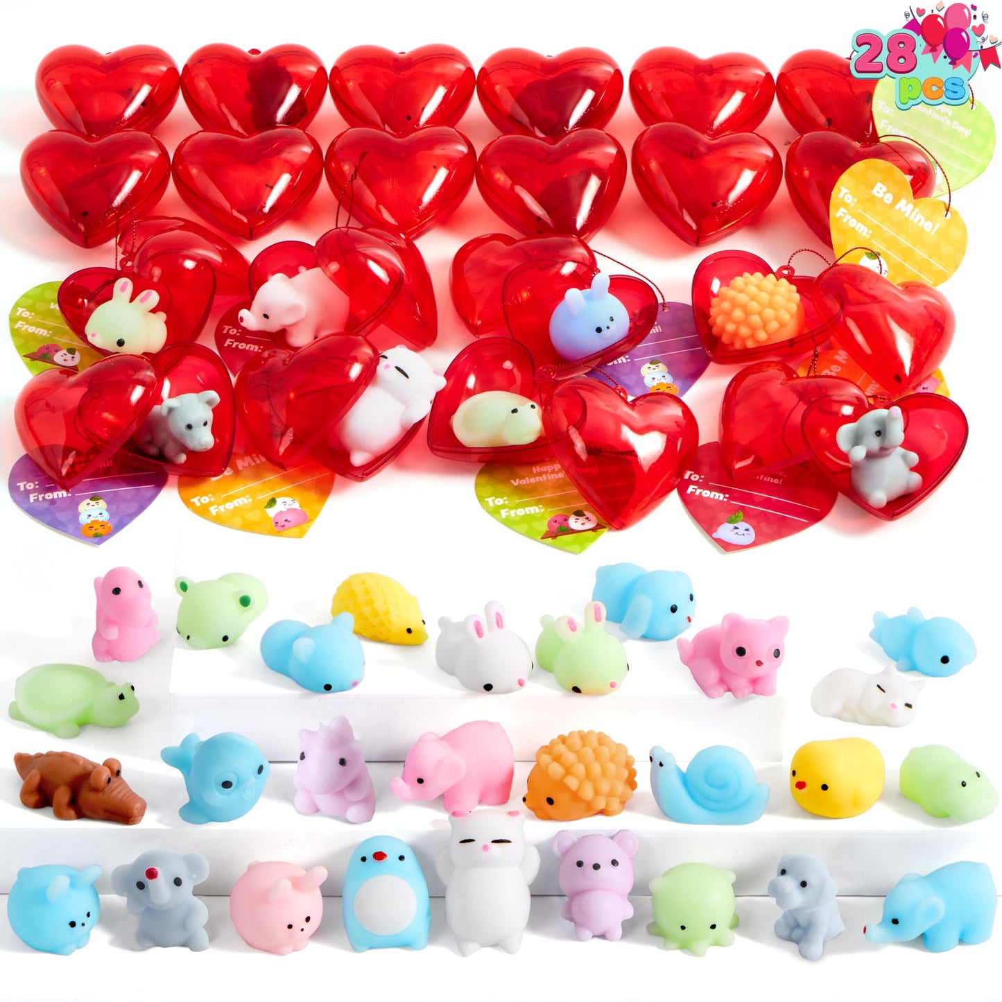 JOYIN 28-Piece Valentine Mochi Squishy Toys with Heart Shells & Cards